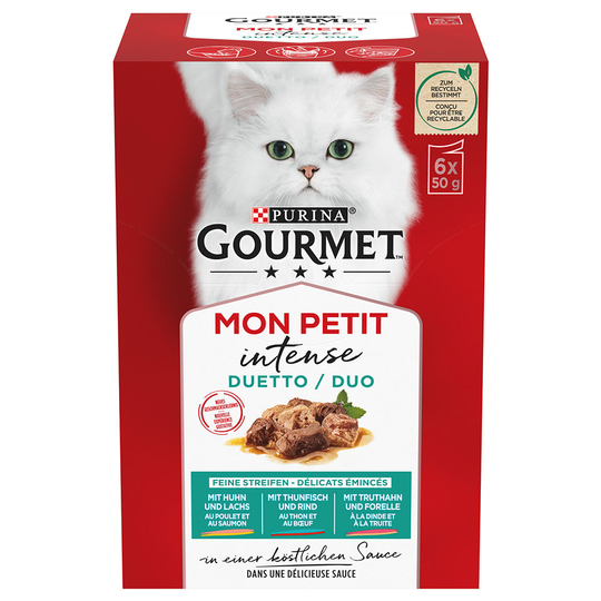 18 + 6 på köpet! 24 x 50 g Mixpaket Gourmet Mon Petit - Duetti Fisk: Lax/Kyckling