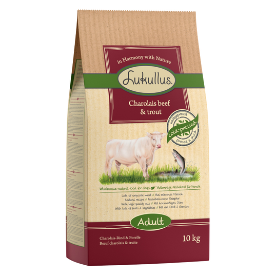 Ekonomipack: 2 x 10 / 15 kg Lukullus kallpressade hundfoder - Charolais nötkött & öring (2 x 10 kg)