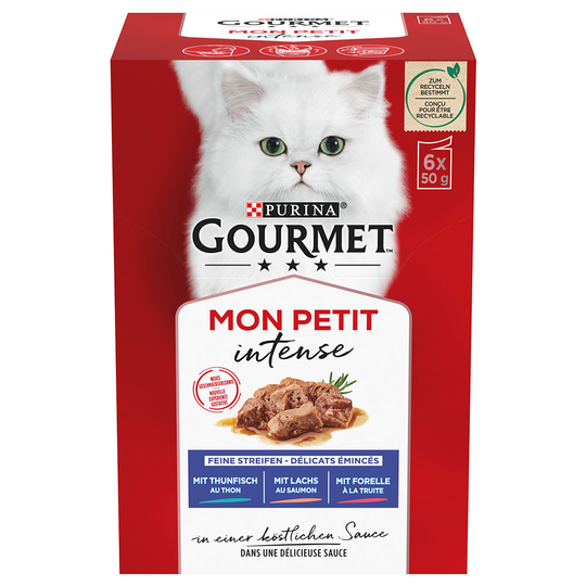 18 + 6 på köpet! 24 x 50 g Mixpaket Gourmet Mon Petit - Tonfisk, Lax, Öring