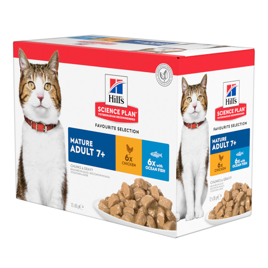 Hill's Science Plan Senior 11+ Chicken Komplettering: 12 x 85 g Hill's Science Plan Mature Adult Fish Selection