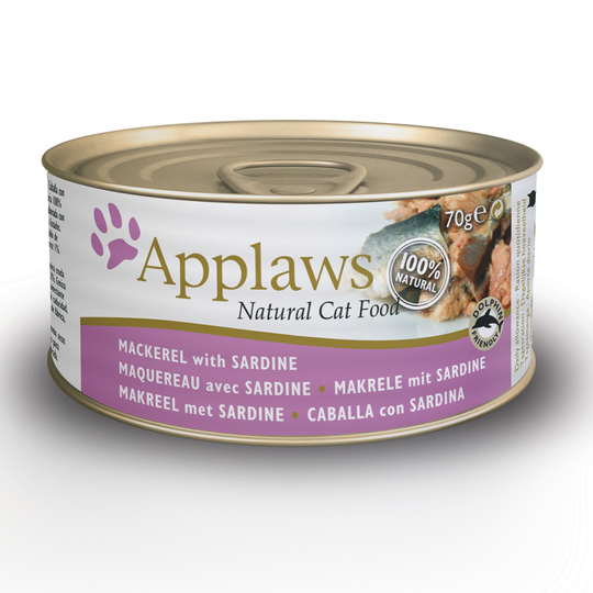 34 + 14 på köpet! 48 x 70 g Applaws våtfoder - Makrill & sardiner i buljong