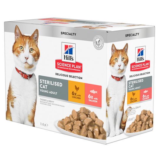 Hill's Science Plan Adult Sterilised Chicken Komplettering: 12 x 85 g Hill's Science Plan Young Adult Sterilised
