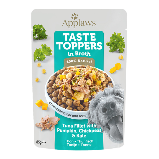 Applaws Taste Toppers i buljong 12 x 85 g - Tonfisk med pumpa, grönkål och kikärtor