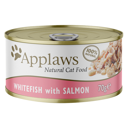 34 + 14 på köpet! 48 x 70 g Applaws våtfoder - Vitfisk & lax i buljong