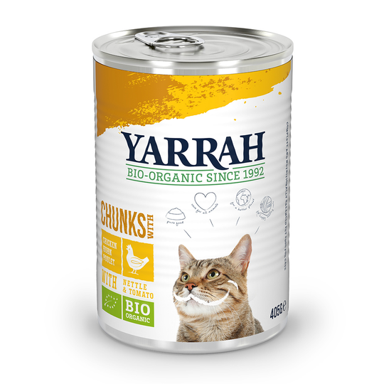 20 + 4 på köpet! 24 x 400 / 405 g Yarrah Bio kattmat - Chunks eko-kyckling i sås (24 x 405 g)