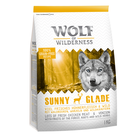 Blandat provpack: 4 x 1 kg Wolf of Wilderness Adult - Salmon, Duck, Wild, Lamb