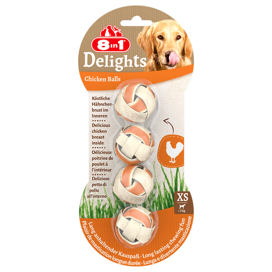 2 + 1 på köpet! 3 x 8in1 Delights hundgodis - Tuggbollar med kyckling: XS 3 x 36 g (12 st)