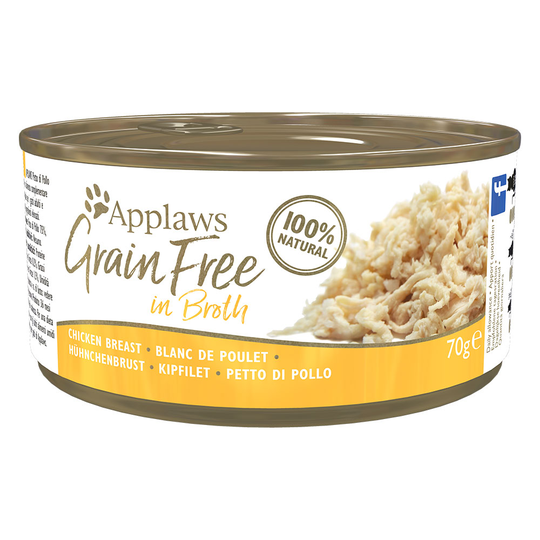 34 + 14 på köpet! 48 x 70 g Applaws våtfoder - Grainfree in Broth: Kycklingbröst