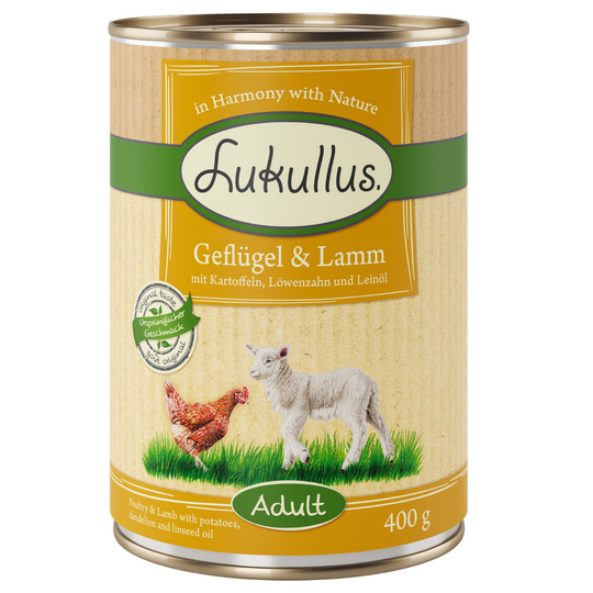 Lukullus Naturkost Adult Grain Free 6 x 400 g - Fjäderfä & lamm