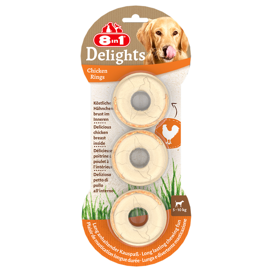 2 + 1 på köpet! 3 x 8in1 Delights hundgodis - Tuggringar med kyckling: 3 x 119 g (9 st)