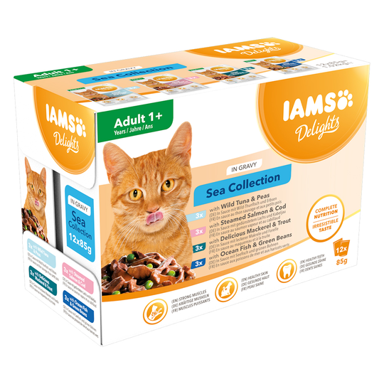 36 + 12 på köpet! 48 x 85 g IAMS våtfoder katt - Delights Adult: Sea Mix i sås