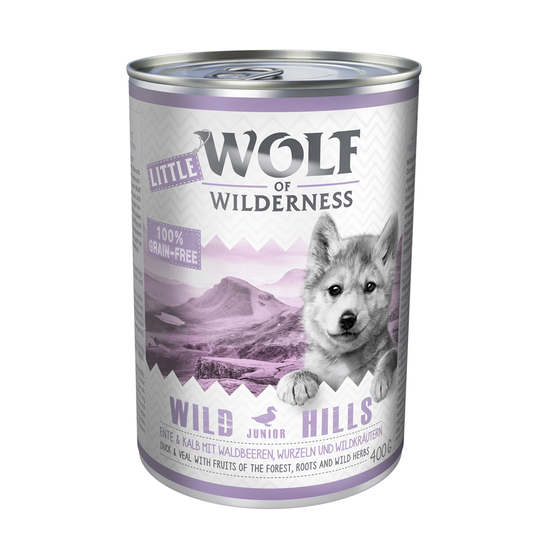 Ekonomipack: Little Wolf of Wilderness 24 x 400 g - Wild Hills Junior - Duck & Veal