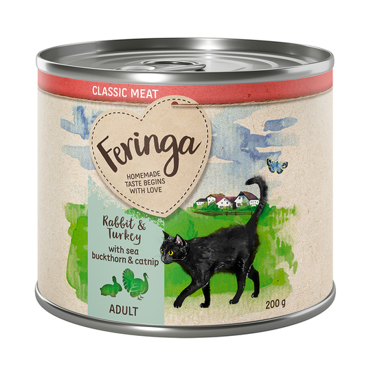 Ekonomipack: Feringa Classic Meat Menu 18 x 200 g - Kanin & kalkon med havtorn & kattmynta