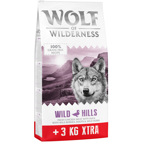 12 + 3 kg på köpet! Wolf of Wilderness Adult Grain Free - Wild Hills - Duck