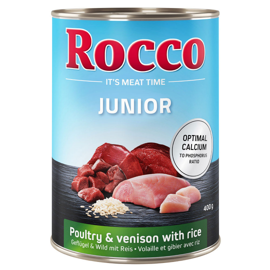 Ekonomipack: Rocco Junior 24 x 400 g - Fjäderfä, vilt & ris