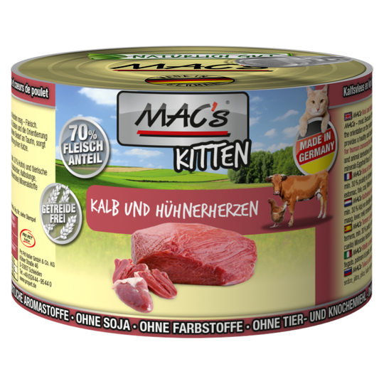 Ekonomipack: MAC's Cat kattfoder 12 x 200 g - Kitten Kalv & kycklinghjärta