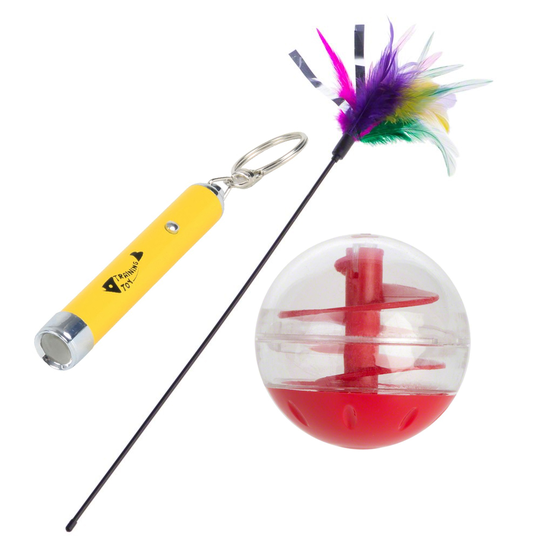 Aktiveringsleksaker i sparpack - LED-pekare, snackboll & fjädervippa