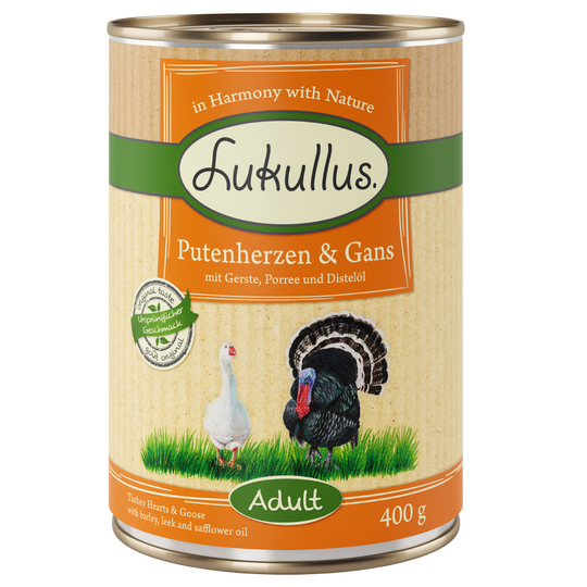 Ekonomipack: Lukullus 12 x 400 g - Kalkonhjärta & gås