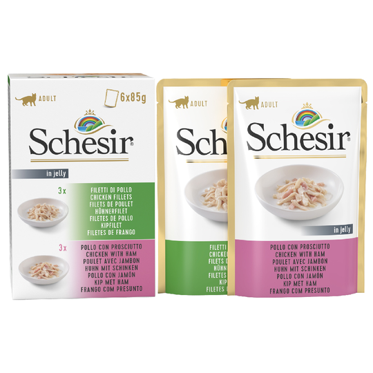 Ekonomipack: Schesir Jelly Pouch 24 x 85 g - Mix Kycklingfilé + Kycklingfilé & skinka