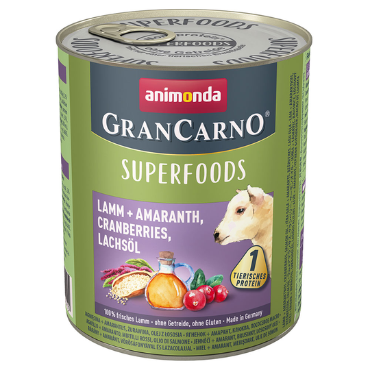Animonda GranCarno Adult Superfoods 24 x 800 g - Lamm & amarant, tranbär, laxolja