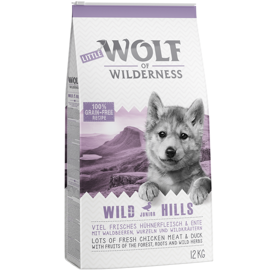 Blandat ekonomipack: 2 x 12 kg Wolf of Wilderness hundmat - Green Fields + Wild Hills