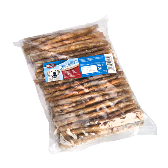 Trixie skruvade tuggrullar (oxhud), 12,5 cm - Ekonomipack: 2 x 100 st (1 kg)