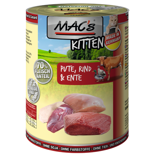 Ekonomipack: MAC's Cat kattfoder 24 x 400 g - Kitten Kalkon, anka & nötkött