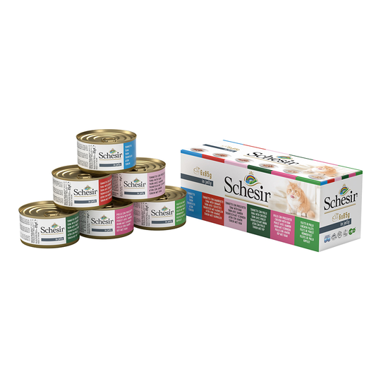 Ekonomipack: Schesir gelé 48 x 85 g - Blandpack: Kyckling & tonfisk i gelé, 6 sorter