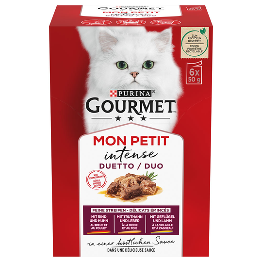 18 + 6 på köpet! 24 x 50 g Mixpaket Gourmet Mon Petit - Duetti Kött: Nötkött/Kyckling