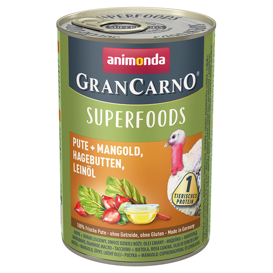 Animonda GranCarno Adult Superfoods 6 x 400 g Kalkon & mangold, nypon, linfröolja