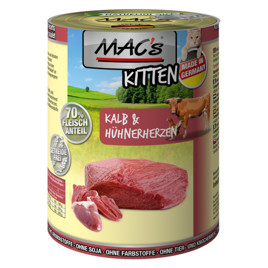 Ekonomipack: MAC's Cat kattfoder 12 x 400 g - Kitten Kalv & kycklinghjärta