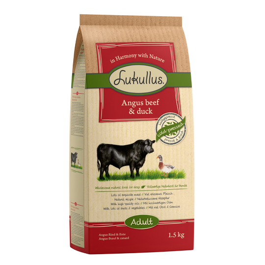 Lukullus kallpressat hundfoder Angus nötkött & anka - 6 kg