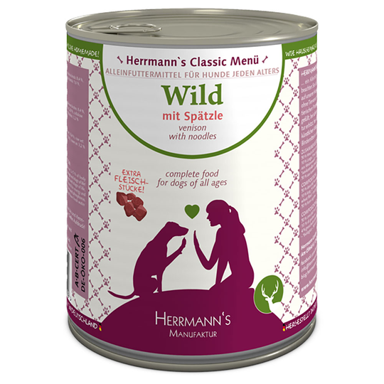 Ekonomipack: Herrmann's Meny Sensitive 12 x 800 g / 24 x 800 g - Vilt med ekologisk spätzle 12 x 800 g