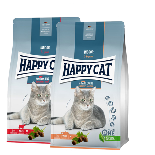 Blandpack: Happy Cat Indoor 2 x 4 kg Bavarian Beef, Atlantic Salmon