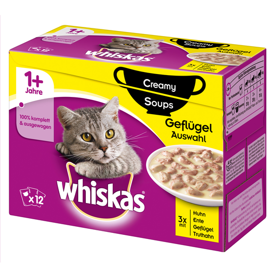 Ekonomipack: 96 x 85 / 100 g Whiskas - 1+ Creamy Soups Fjäderfävarianter 85 g